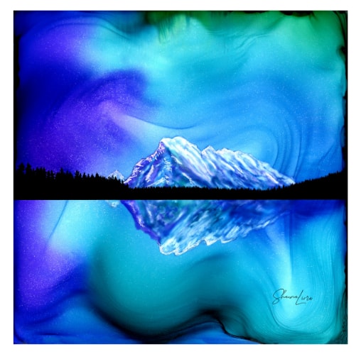 alcohol ink and fire landscape of Mount Rundle by Shauna Liora