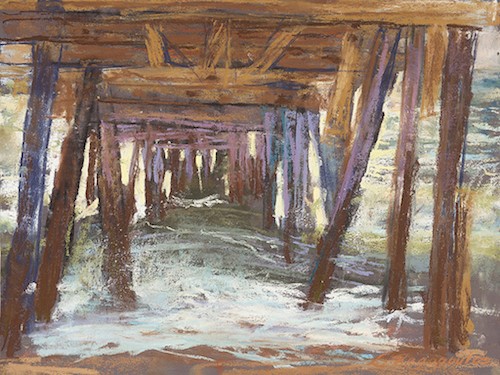 pastel painting of the underside of a pier by Lisa Regopoulos