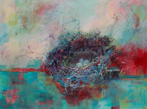 abstract painting with a nest by Laura McRae Hitchcock