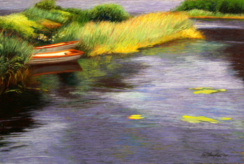 landscape painting of rowboats in Scotland by Helen Vaughn