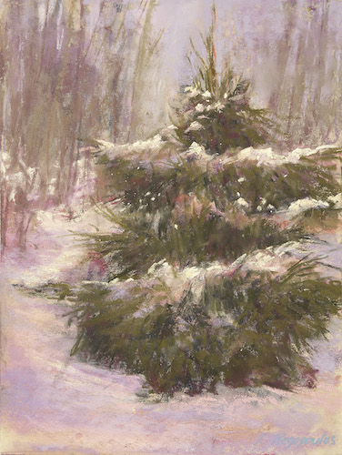 pastel painting of a pine tree by Lisa Regopoulos