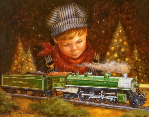 painting of a boy and a Lionel Train by Angela Trotta Thomas