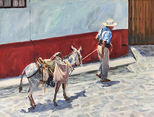 painting of a man leading a donkey by Ilse Taylor Hable