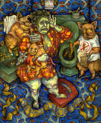 portrait of a woman with four pigs by Heidi Brueckner