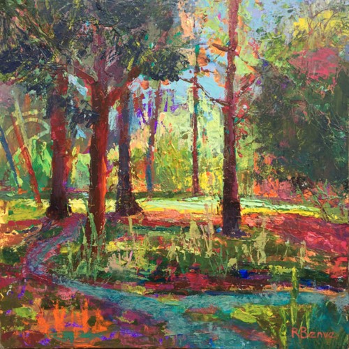 mixed media painting of a path in the woods by Robie Benve