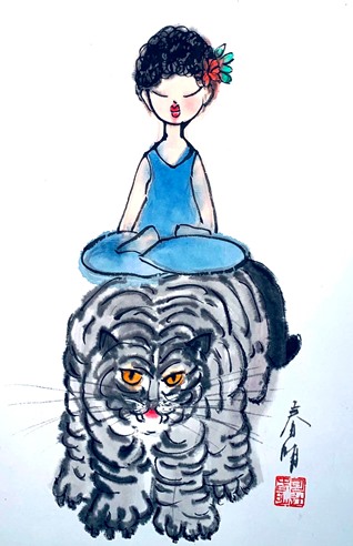 sumi-e painting of a young girl riding a tiger by Tsun Ming Chmielinski