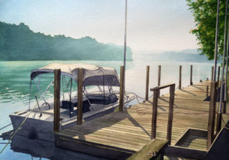 watercolor of a boat at a dock by Erin Pyles Webb