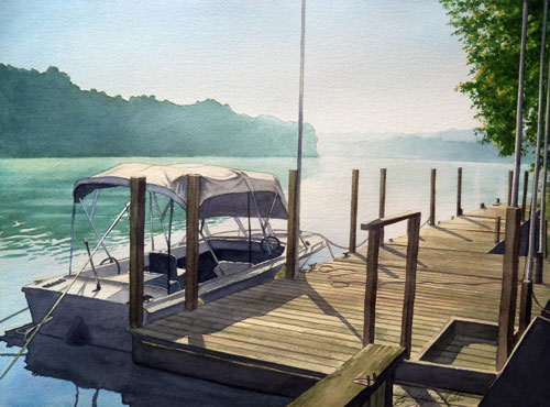 watercolor of a boat at a dock by Erin Pyles Webb