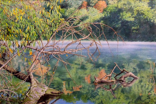 watercolor of a tree lined river by Erin Pyles Webb