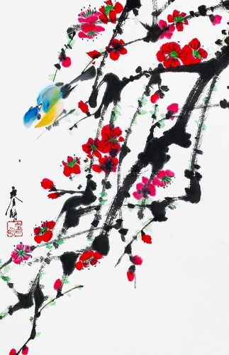 sumi-e painting of a bluebird on a flowered branch by Tsun Ming Chmielinski