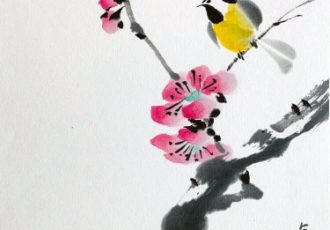 sumi-e painting of a yellow finch on a cherry tree by Tsun Ming Chmielinski