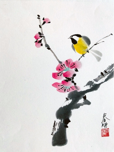 sumi-e painting of a yellow finch on a cherry tree by Tsun Ming Chmielinski