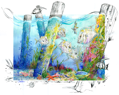 painting of sea life under the dock by Amber Moran