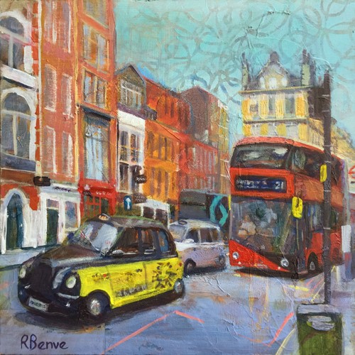 mixed media painting of London traffic by Robie Benve