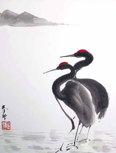 sumi-e painting of two cranes by Tsun Ming Chmielinski