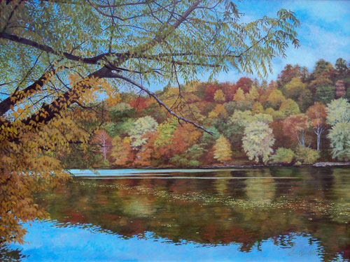 oil painting of the Monongahela River in autumn by Erin Pyles Webb
