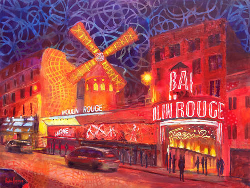 mixed media painting of the Moulin Rouge by Robie Benve
