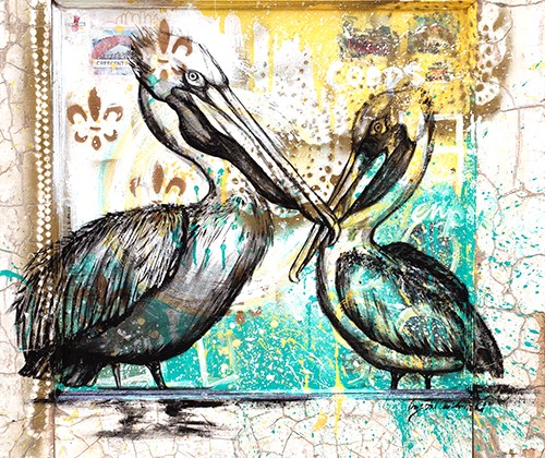 painting of pelicans by Crystal Obeidzinski