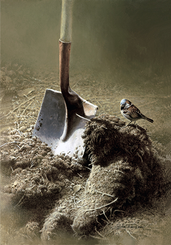 painting of a bird near a shovel by Michael Dumas