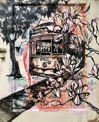 painting of a trolley car in New Orleans by Crystal Obeidzinski