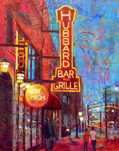 mixed media painting of Hubbard Bar and Grill by Robie Benve