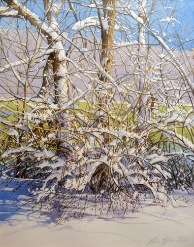 watercolor of snow covered trees by Erin Pyles Webb