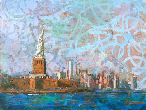 mixed media painting of Ellis Island by Robie Benve