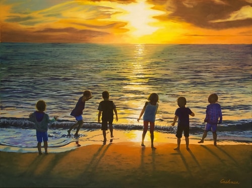 painting of children on the beach by Sandra Cashman
