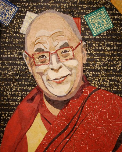 paper collage portrait of the Dalai Lama by Sandy Oppenheimer