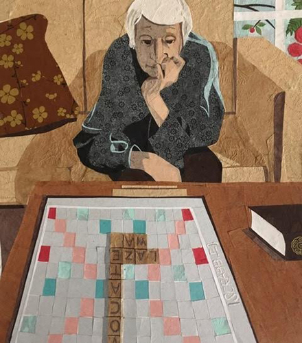 paper collage of a woman playing Scrabble by Sandy Oppenheimer