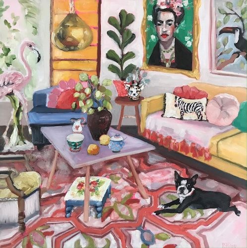 painting of an interior with a dog by Petra Pinn