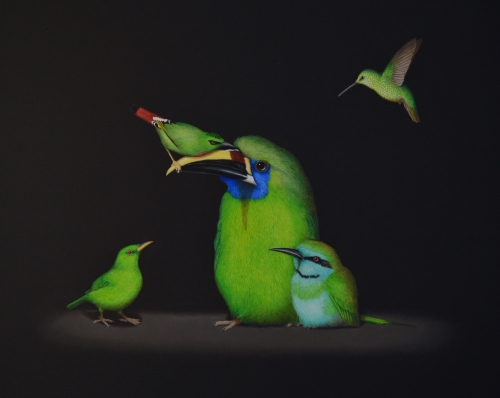 paintig of different green birds by Isabelle du Toit