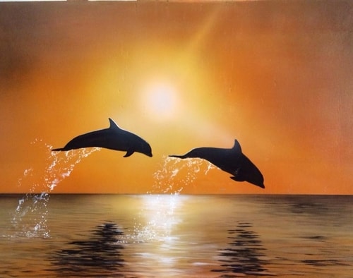 painting of dolphins in Key West at sunset by Michael Alexander