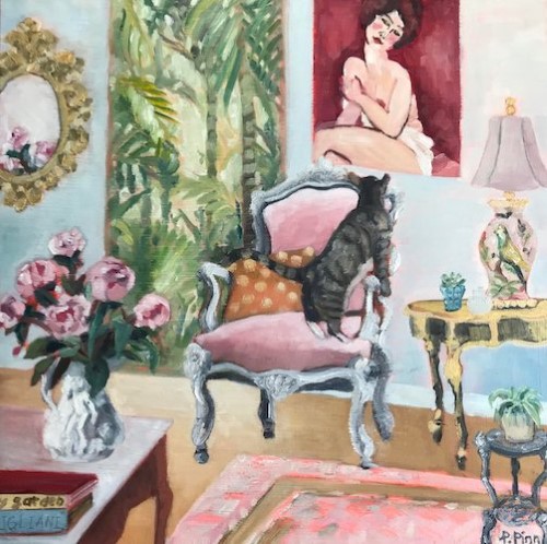 painting of an interior with a cat by Petra Pinn