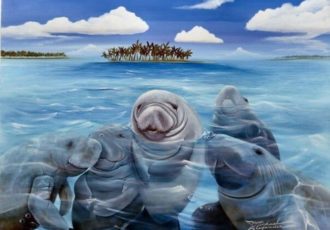 painting of three manatees by Michael Alexander