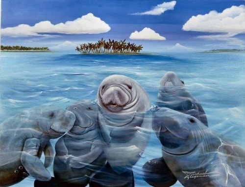 painting of three manatees by Michael Alexander