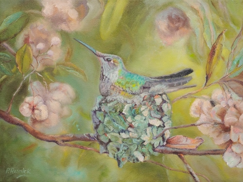 painting of a nesting hummingbird by Pamela Resnick