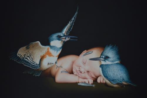 painting of a baby with birds by Isabelle du Toit