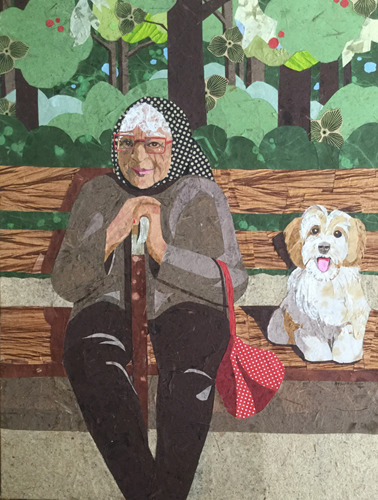 paper collage of an old woman and her dog by Sandy Oppenheimer
