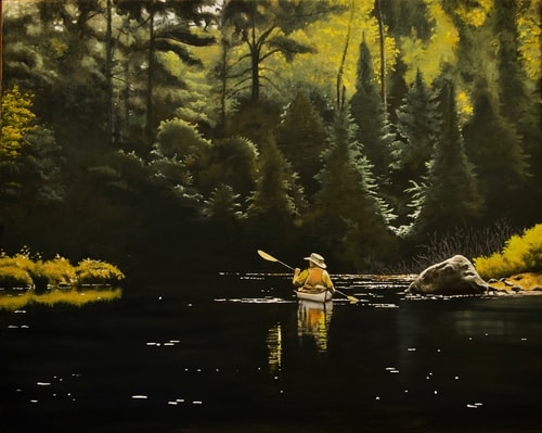 painting of a kayaker paddling Donut Lake by Sandra Cashman