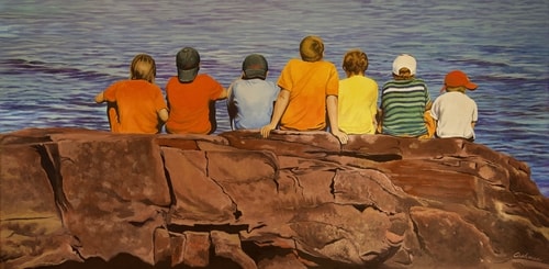 painting of children sitting on a rock by Sandra Cashman