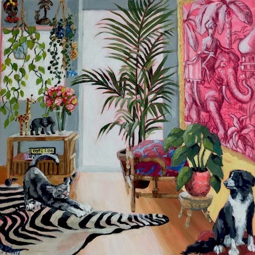 Painting of an interior with a dog and cat by Petra Pinn