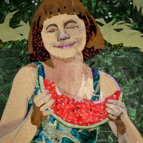 paper collage portrait of a girl eating watermelon by Sandy Oppenheimer