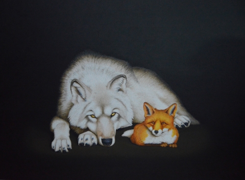 painting of a wolf and a fox by Isabelle du Toit