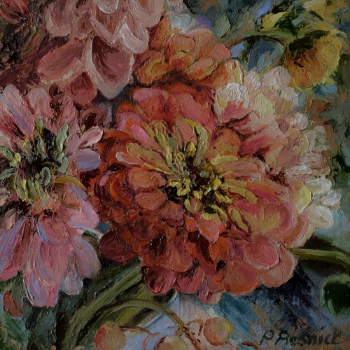 floral painting of zinnias and dahlias by Pamela Resnick