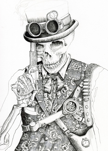 pen and ink drawing of a skeleton by Julie Peterson-Shea