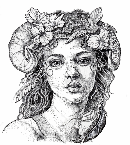 pen and ink drawing of a faun by Julie Peterson-Shea