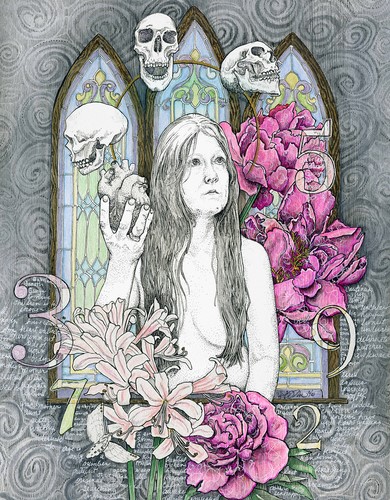 pen and ink of a woman and skulls by Julie Peterson-Shea