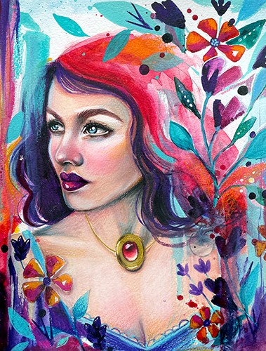 mixed media portrait of a woman by Aunia Kahn