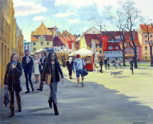 Livu Square in Riga, Latvia cityscape painting by Baiba Limane